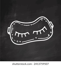 Hand-drawn eye mask for sleeping, beauty cosmetic element, self care, wellness. Doodle sketch style on chalkboard background.
