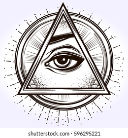 Hand-drawn Eye of Providence. All seeing eye pyramid symbol. New World Order.Freemason and spiritual, religion, spirituality, alchemy, occultism, tattoo art. Isolated vector illustration.