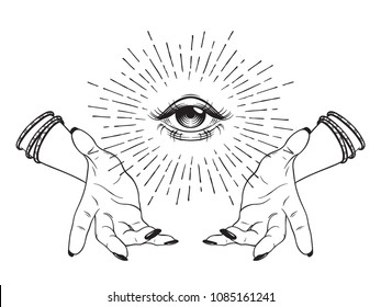 Hand-drawn Eye of Providence in hands of witch, all seeing eye, conspiracy theory, alchemy, religion, spirituality, print or tattoo design vector illustration