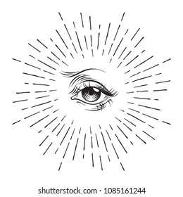 Hand-drawn Eye of Providence masonic symbol, all seeing eye, conspiracy theory, alchemy, religion, spirituality, print or tattoo design vector illustration