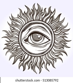 Hand-drawn Eye of Providence.New World Order.Freemason and spiritual,religion,spirituality,alchemy,occultism,tattoo art. Vector illustration.