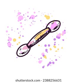 Hand-drawn eye shadow sponge, beauty cosmetic element, self care on a watercolor pastel background with splashes of paint. Illustration for beauty salon, cosmetic store. Doodle sketch style.