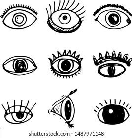 Handdrawn eyes doodle icon. Hand drawn black sketch. Sign symbol. Decoration element. White background. Isolated. Flat design. Vector illustration.