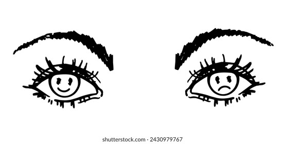 Hand-drawn the eyes. Positive and negative emotions concept sketch. Smiling and a crying faces in the pupils. Emotional instability, ambivalence, bipolar disorder. Vector isolated on white