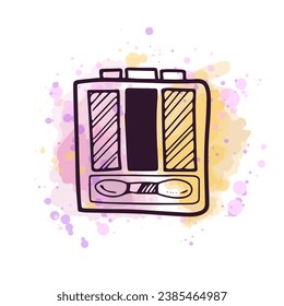 Hand-drawn eyeshadow palette, beauty cosmetic element, self care. Illustration on a watercolor pastel background with splashes of paint. Useful for beauty salon, cosmetic store, makeup. Doodle sketch.