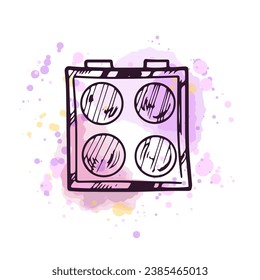 Hand-drawn eyeshadow palette, beauty cosmetic element, self care. Illustration on a watercolor pastel background with splashes of paint. Useful for beauty salon, cosmetic store, makeup. Doodle sketch.