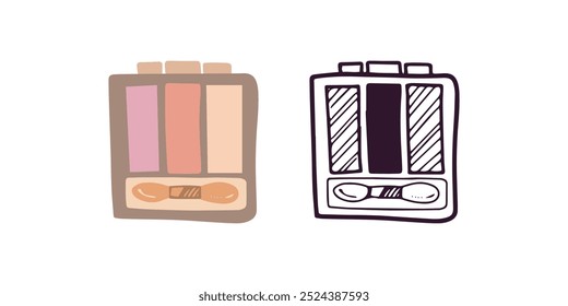 Paleta de sombras de ojos dibujadas a mano, elemento cosmético de belleza, cuidado personal. Ilustración para salón de belleza, tienda de cosméticos, diseño de maquillaje. Estilo de boceto Doodle. 