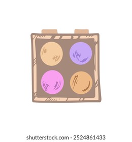 Paleta de sombras de ojos dibujadas a mano, elemento cosmético de belleza, cuidado personal. Ilustración para salón de belleza, tienda de cosméticos, diseño de maquillaje. Estilo de boceto Doodle. 