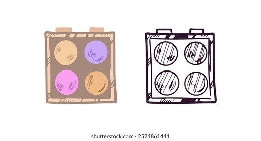 Paleta de sombras de ojos dibujadas a mano, elemento cosmético de belleza, cuidado personal. Ilustración para salón de belleza, tienda de cosméticos, diseño de maquillaje. Estilo de boceto Doodle. 