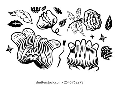 Hand-drawn fabric pattern flowers, nature objects set, clipart vector art