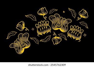 Hand-drawn fabric pattern flowers, nature objects set, clipart vector art