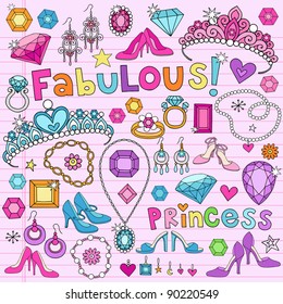 Hand-Drawn Fabulous Fashion Princess Notebook Doodle Design Elements Set on Pink Lined Sketchbook Paper Background- Vector Illustration