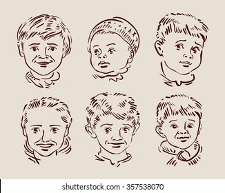 hand-drawn faces of children. sketch. vector illustration