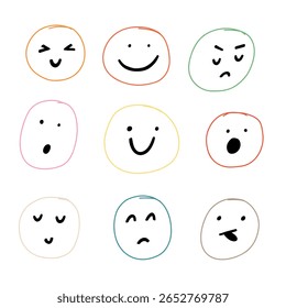 Hand-drawn faces displaying various emotions in vibrant colors on a white background