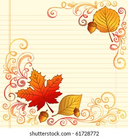 Hand-Drawn Fall / Autumn Season Sketchy Notebook Doodles with Maple Leaf, Acron, and Swirls- Vector Illustration Design Elements on Lined Sketchbook Paper Background