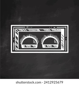 Hand-drawn false eyelashes in a package, beauty cosmetic element, self care on chalkboard background. Illustration for beauty salon. Doodle sketch style.