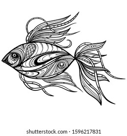 Hand-drawn fantasy fish with ethnic doodle pattern. Coloring page - zendala, for relaxation and meditation for adults, vector illustration, isolated on a white background. Zendoodle.