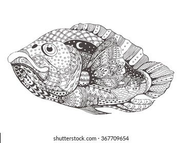 Hand-drawn fantasy fish with ethnic doodle pattern. Coloring page - zendala, for  relaxation and meditation for adults, vector illustration, isolated on a white background. Zendoodle.