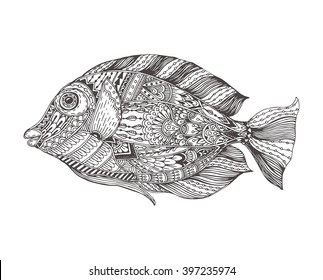 Hand-drawn fantasy fish with ethnic doodle pattern. Coloring page - zendala, for  relaxation and meditation for adults, vector illustration, isolated on a white background. Zendoodles.