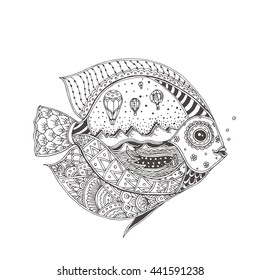 Hand-drawn fantasy fish with ethnic doodle pattern. Coloring page - zendala, for  relaxation and meditation for adults, vector illustration, isolated on a white background. Zen doodle.