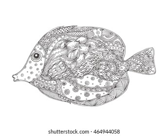 Hand-drawn fantasy fish with ethnic doodle pattern. Coloring page - zendala, for  relaxation and meditation for adults, vector illustration, isolated on a white background. Zendoodle.