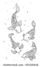 Hand-drawn fantasy fishes with ethnic doodle pattern. Colouring page - zendala, for  colouring  and meditation for adults, vector illustration, isolated on a white background. Zen doodle.