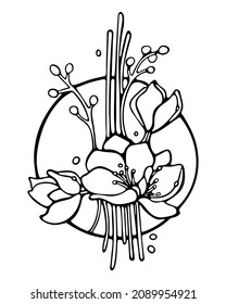 Hand-drawn Fantasy Flower arrangement in a circle. Black Outline Vector Illustration isolated on white background. For the coloring book, design a Mother day greeting card, logo, label