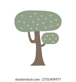 Hand-drawn fantasy-style tree with a rounded crown and soft decorative texture dots. The illustration features a minimal, child-friendly design with muted natural colors and smooth organic shapes. Suitable for children’s books, fairy tale illustrations, learning activities, forest scenes, nursery posters, educational apps, and game design. Can be used as an isolated element or combined into woodland and nature-themed compositions.