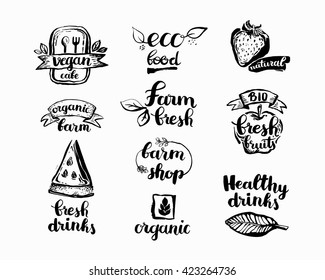 Hand-Drawn farm fresh logo set. Label collection of organic eco company, vegetarianets, bio labels. For vegetarian restaurant, vegan cafe menu, restaurant menu, organic shops, markets. Inc lettering