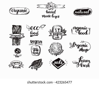 Hand-Drawn farm fresh logo set. Label collection of organic eco company, vegetarianets, bio labels. For vegan restaurant, vegan cafe menu, restaurant menu, organic shops, markets. Inc lettering