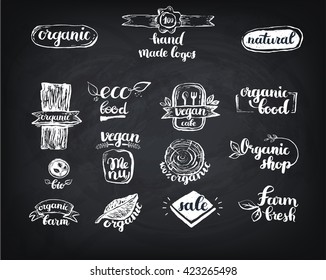 Hand-Drawn farm fresh logo set. Label collection of organic eco company, vegetarianets, bio labels. For vegan restaurant, vegan cafe menu, restaurant menu, organic shops, markets. Inc lettering