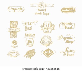 Hand-Drawn farm fresh logo set. Label collection of organic eco company, vegetarianets, bio labels. For vegan restaurant, vegan cafe menu, restaurant menu, organic shops, markets. Inc lettering