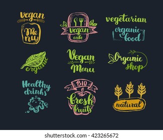 Hand-Drawn farm fresh logo set. Label collection of organic eco company, vegetarianets, bio labels. For vegetarian restaurant, vegan cafe menu, restaurant menu, organic shops, markets. Inc lettering