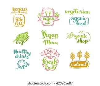 Hand-Drawn farm fresh logo set. Label collection of organic eco company, vegetarianets, bio labels. For vegetarian restaurant, vegan cafe menu, restaurant menu, organic shops, markets. Inc lettering