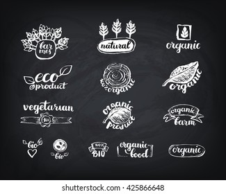 Hand-Drawn farm fresh logo set. Label collection of organic eco company, vegetarianets, bio labels. For vegetarian restaurant, vegan cafe menu, restaurant menu, organic shops, markets. Inc lettering