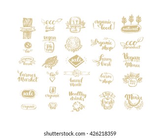 Hand-Drawn farm fresh logo set. Label collection of organic eco company, vegetarianets, bio labels. For vegetarian restaurant, vegan cafe menu, restaurant menu, organic shops, markets. Inc lettering