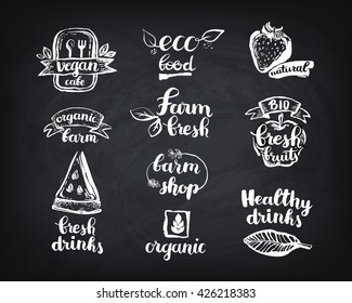 Hand-Drawn farm fresh logo set. Label collection of organic eco company, vegetarianets, bio labels. For vegetarian restaurant, vegan cafe menu, restaurant menu, organic shops, markets. Inc lettering