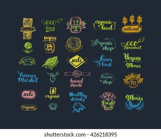 Hand-Drawn farm fresh logo set. Label collection of organic eco company, vegetarianets, bio labels. For vegetarian restaurant, vegan cafe menu, restaurant menu, organic shops, markets. Inc lettering