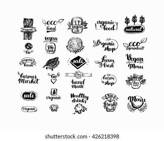 Hand-Drawn farm fresh logo set. Label collection of organic eco company, vegetarianets, bio labels. For vegetarian restaurant, vegan cafe menu, restaurant menu, organic shops, markets. Inc lettering