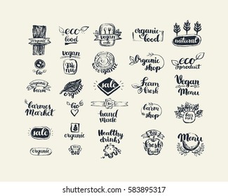 Hand-Drawn farm fresh logo set. Label collection of organic eco company, vegetarianets, bio labels. For vegetarian restaurant, vegan cafe menu, restaurant menu, organic shops, markets. Inc lettering