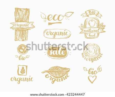 Hand-Drawn farm fresh logo set. Label collection of organic eco company, vegetarianets, bio labels. For vagrants restaurant, vegan cafe menu, restaurant menu, organic shops, markets. Inc lettering 