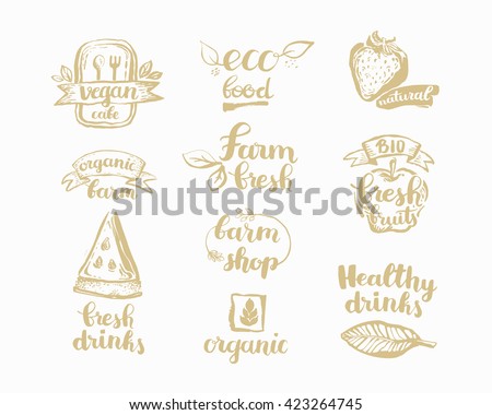 Hand-Drawn farm fresh logo set. Label collection of organic eco company, vegetarianets, bio labels. For vegetarian restaurant, vegan cafe menu, restaurant menu, organic shops, markets. Inc lettering