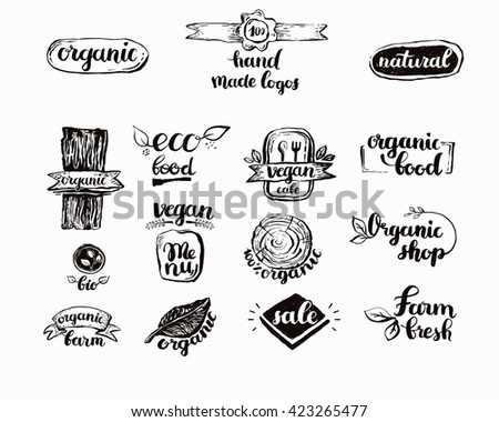 Hand-Drawn farm fresh logo set. Label collection of organic eco company, vegetarianets, bio labels. For vegan restaurant, vegan cafe menu, restaurant menu, organic shops, markets. Inc lettering