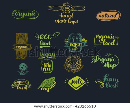 Hand-Drawn farm fresh logo set. Label collection of organic eco company, vegetarianets, bio labels. For vegan restaurant, vegan cafe menu, restaurant menu, organic shops, markets. Inc lettering