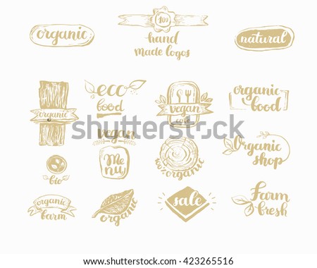 Hand-Drawn farm fresh logo set. Label collection of organic eco company, vegetarianets, bio labels. For vegan restaurant, vegan cafe menu, restaurant menu, organic shops, markets. Inc lettering