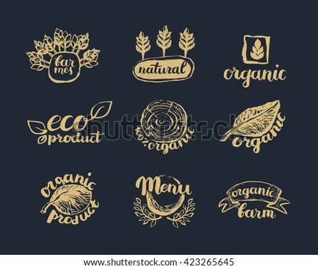 Hand-Drawn farm fresh logo set. Label collection of organic eco company, vegetarianets, bio labels. For vegetarian restaurant, vegan cafe menu, restaurant menu, organic shops, markets. Inc lettering