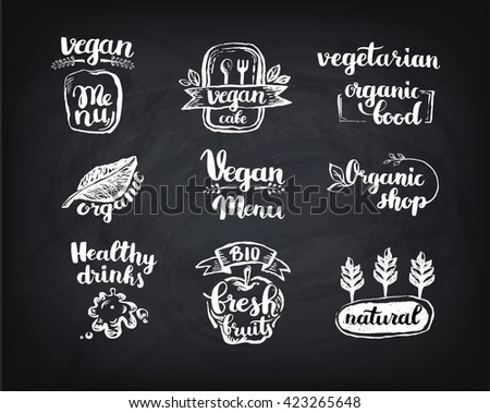 Hand-Drawn farm fresh logo set. Label collection of organic eco company, vegetarianets, bio labels. For vegetarian restaurant, vegan cafe menu, restaurant menu, organic shops, markets. Inc lettering