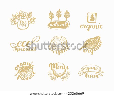 Hand-Drawn farm fresh logo set. Label collection of organic eco company, vegetarianets, bio labels. For vegetarian restaurant, vegan cafe menu, restaurant menu, organic shops, markets. Inc lettering