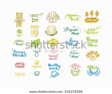 Hand-Drawn farm fresh logo set. Label collection of organic eco company, vegetarianets, bio labels. For vegetarian restaurant, vegan cafe menu, restaurant menu, organic shops, markets. Inc lettering