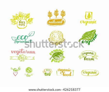 Hand-Drawn farm fresh logo set. Label collection of organic eco company, vegetarianets, bio labels. For vegetarian restaurant, vegan cafe menu, restaurant menu, organic shops, markets. Inc lettering